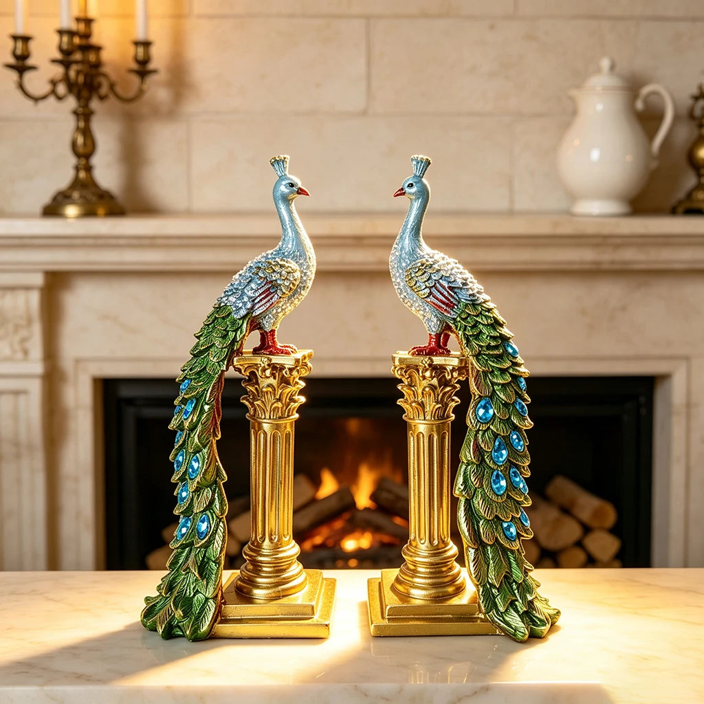 Peacock Couple Resin Statue With Gold Column Home Decor Figurine