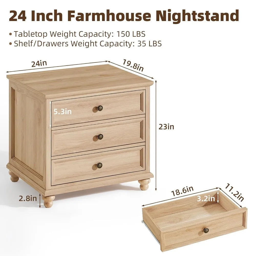 Farmhouse Wood Nightstands Set Of 2 With 3 Drawers Metal Handles