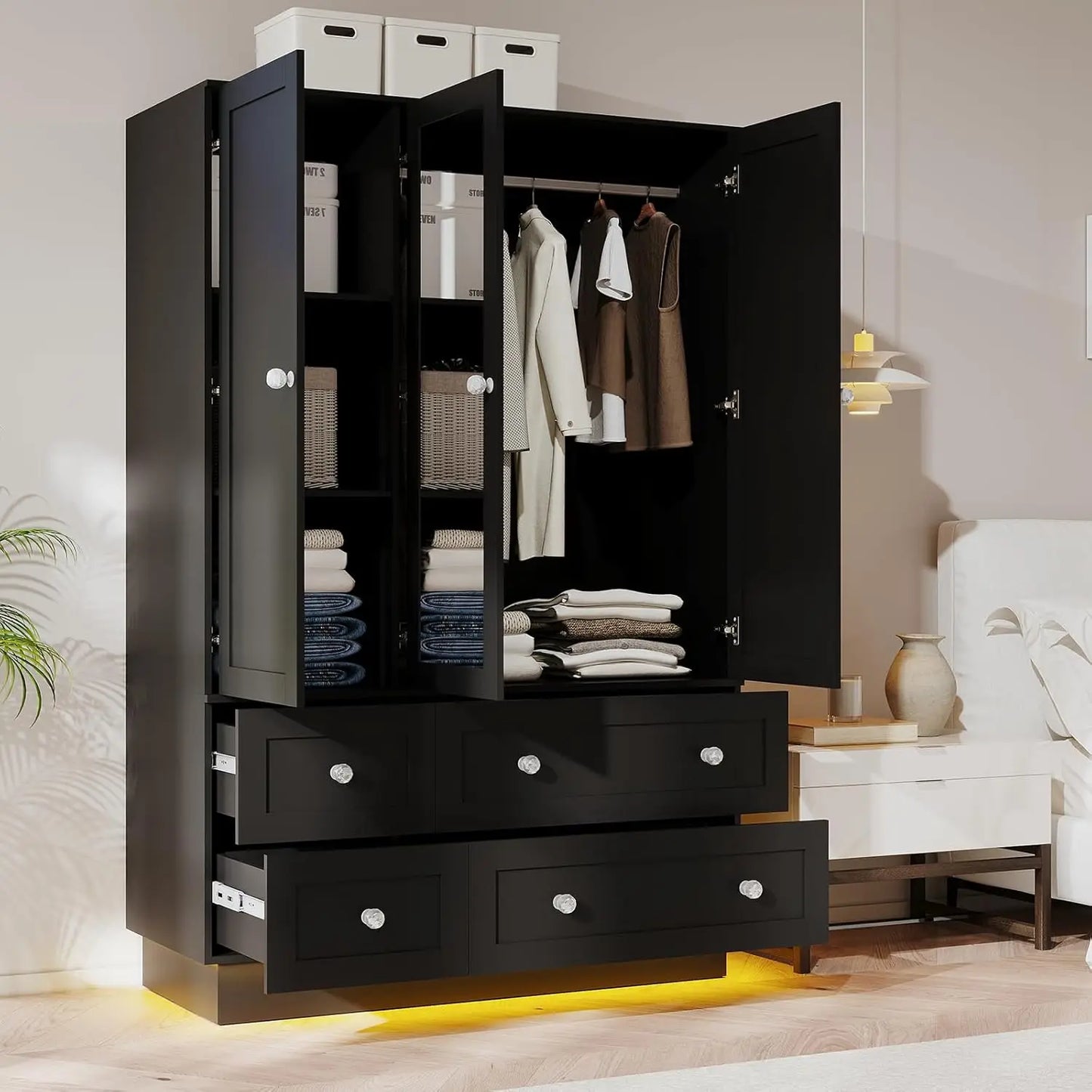 Wardrobe Closet With 3 Doors 4 Drawers Mirror Armoire LED