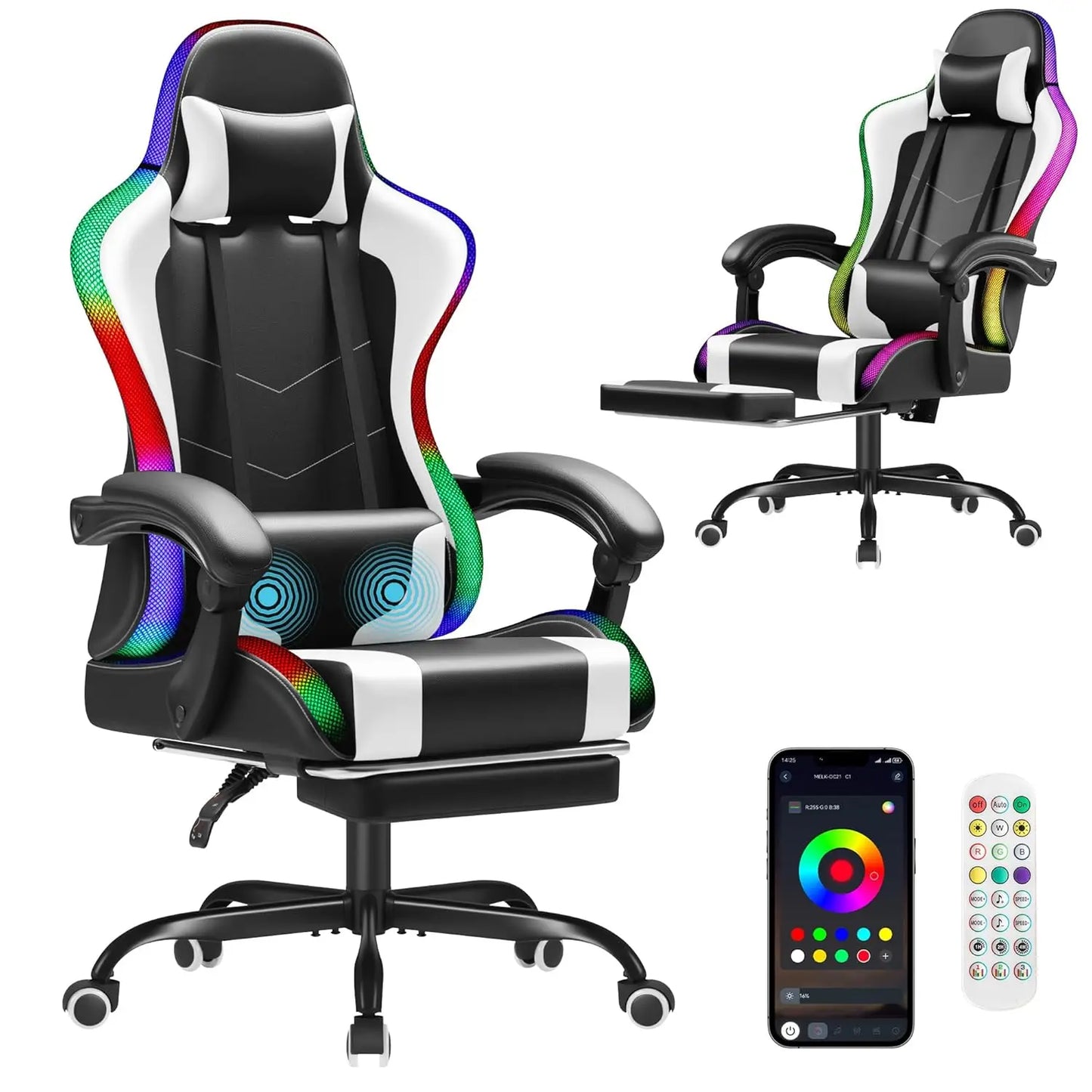 Gaming Chair With Footrest Height Adjustable And Massage Lumbar Support