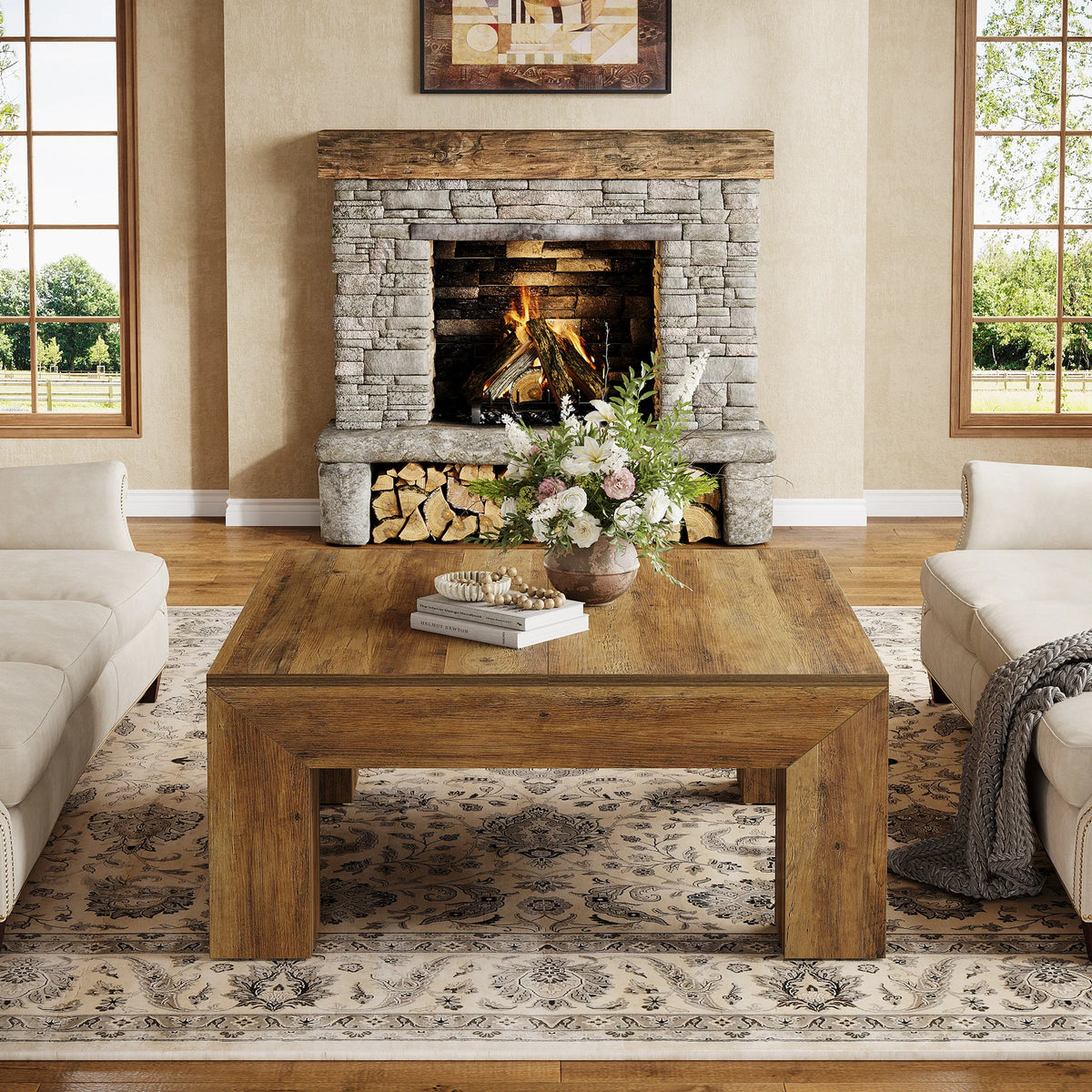 Tribesigns 39.4-Inch Square Coffee Table for Living Room, Farmhouse All MDF Accent Center Cocktail Table with Sturdy Wooden Legs