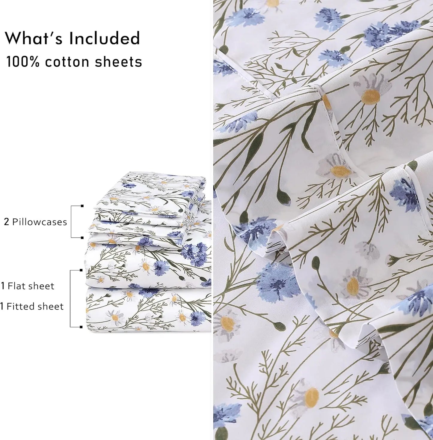 Cotton Percale Sheets 4-Piece Set With Cooling Breathable Floral Design