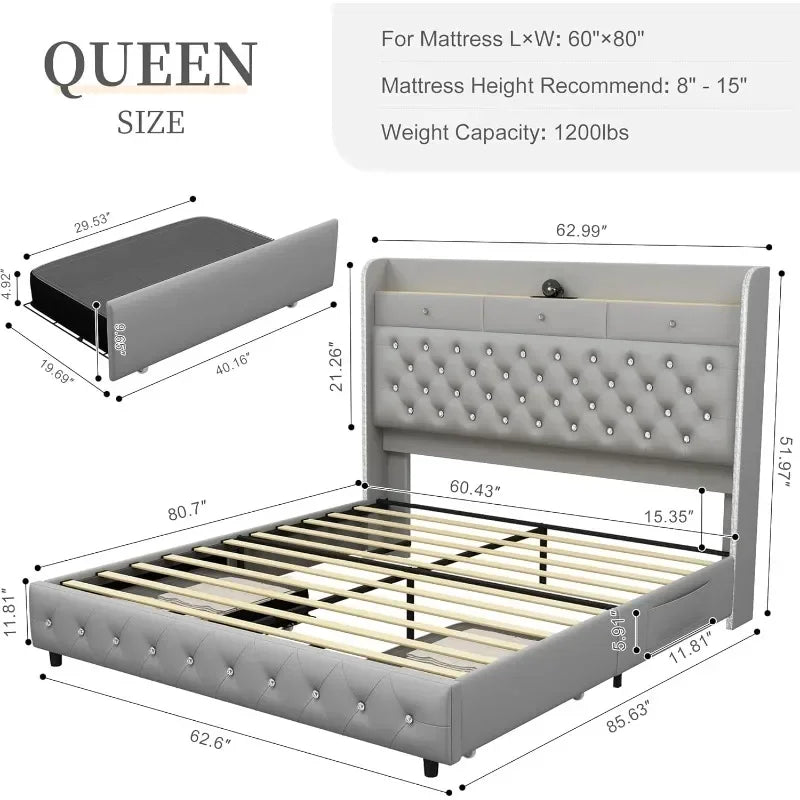 LED Platform Bed Frame With Galaxy Aurora Star Projector And Charging Station