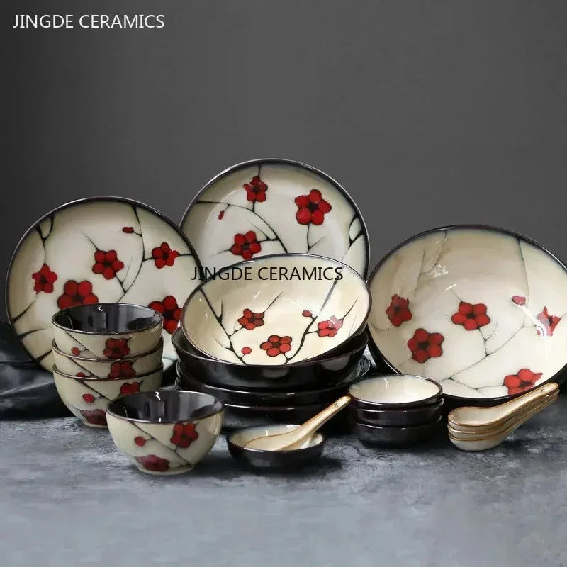 Japanese Ceramic Tableware Household Hand-painted Plum Blossom Ceramic Plate Rice Bowl Home Dinner Plates Kitchen Accessories