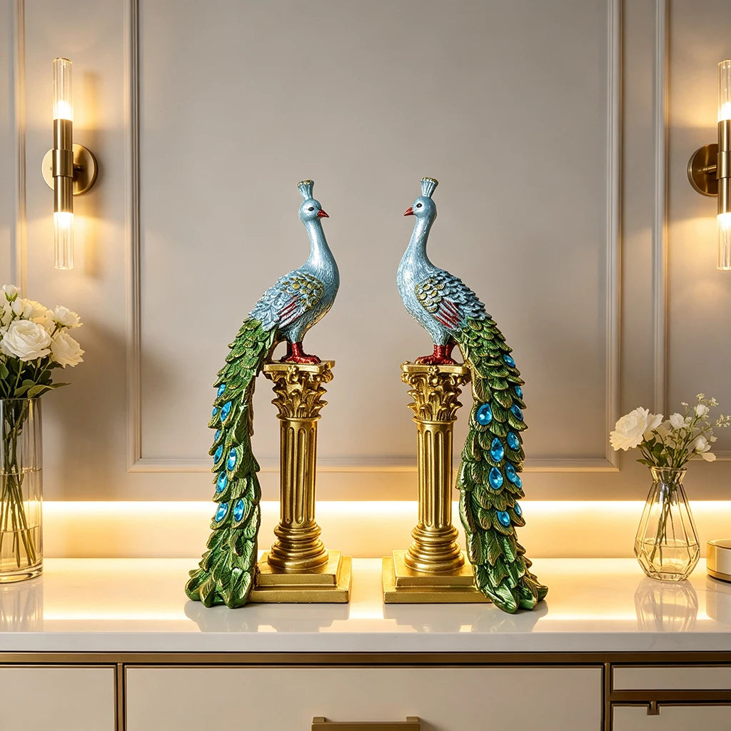 Peacock Couple Resin Statue With Gold Column Home Decor Figurine