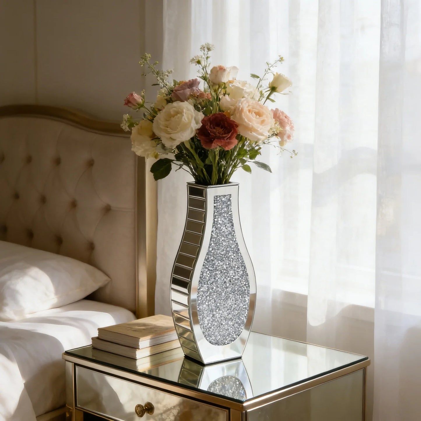 Crushed Diamond Mirror Table Vase Crystal Silver Glass Stunning Decorative Vase for Holding Dried Flowers Can’t Hold Water