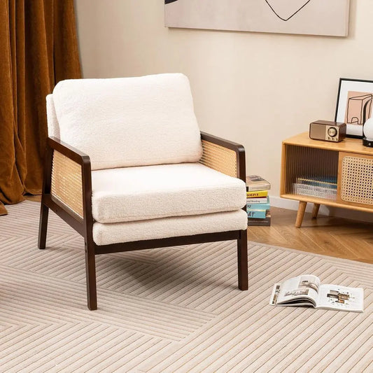 Boho Style Accent Chair With Rattan Arms And Wood Legs