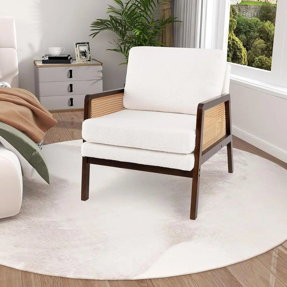 Boho Style Accent Chair With Rattan Arms And Wood Legs