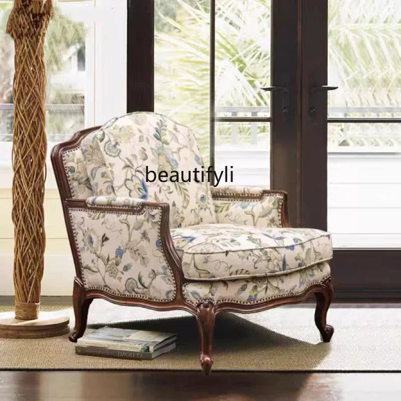 LJYAmerican-Style Solid Wood Sofa Living Room Single Sofa Retro Distressed French Entry Lux High Back