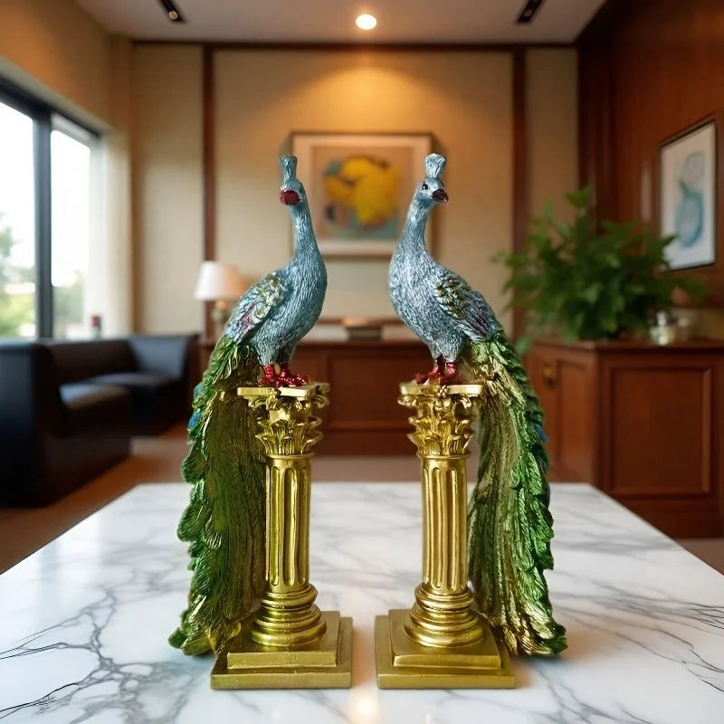 Peacock Couple Resin Statue With Gold Column Home Decor Figurine